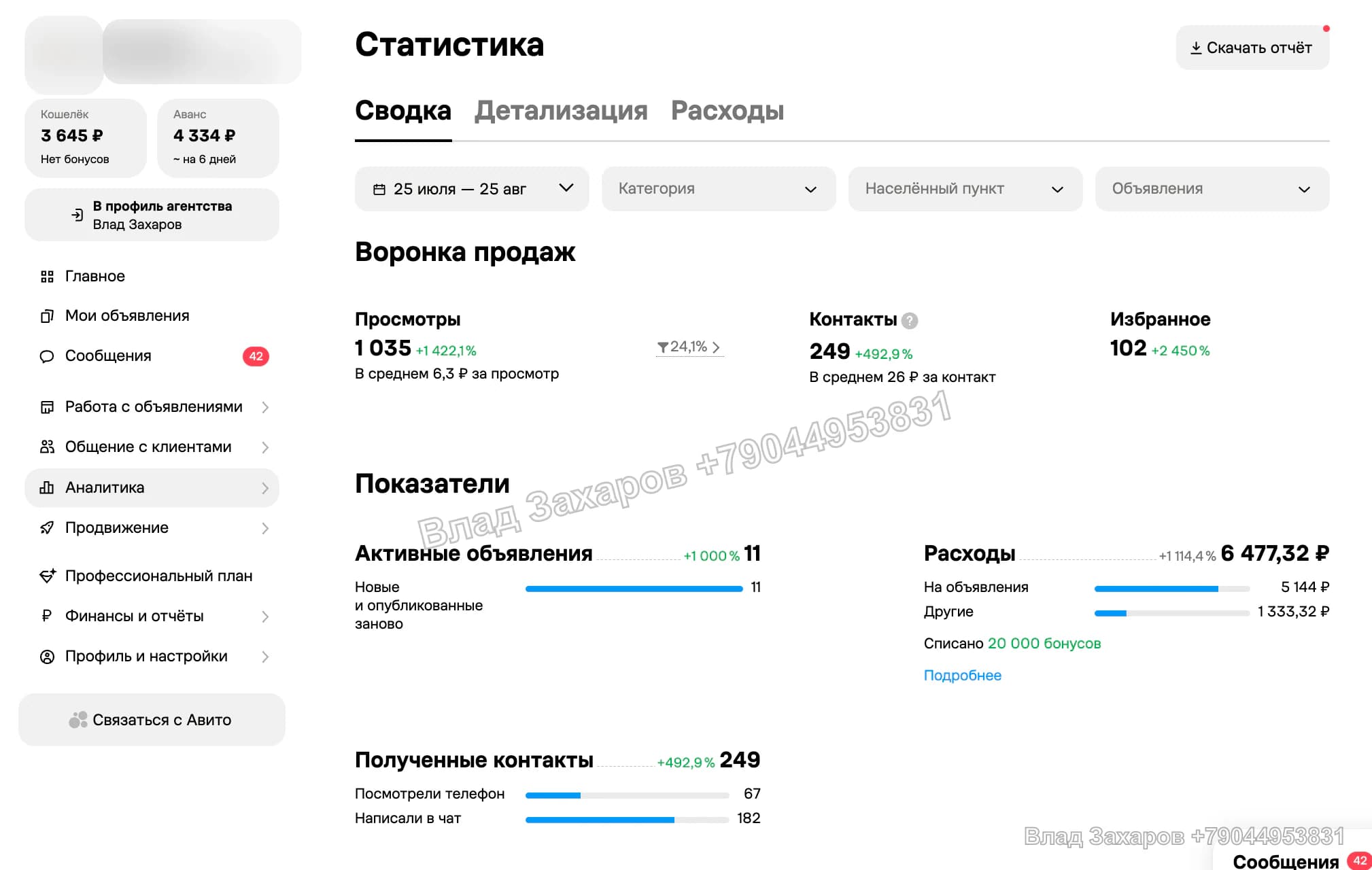 Результат за 25 июля – 25 августа — Строй Альянс — 249 контактов по 26 ₽